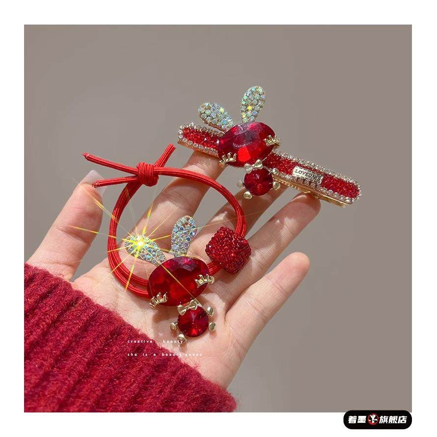 高级感水钻小兔子发饰女新年红色头绳侧边刘海一字夹碎发bb夹发卡,淘宝优惠券,粉丝福利购,淘宝优惠卷