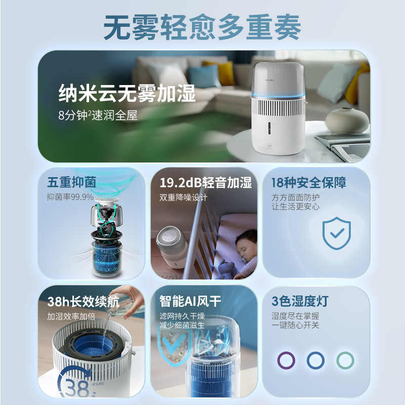 飞利浦无雾空气加湿器2024新款孕妇婴儿卧室家用轻音干燥HU5710