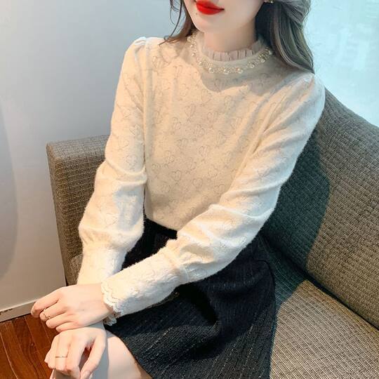 加绒加厚蕾丝衫女秋冬新款时尚韩版衬衫气质显瘦拼接百搭蕾丝上衣
