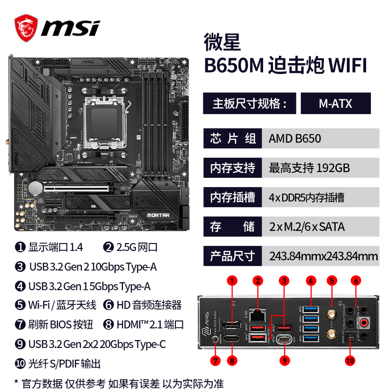 不打烊 微星A620M-E B650M迫击炮WiFi搭7600X7800X3D主板CPU套装 - 图0