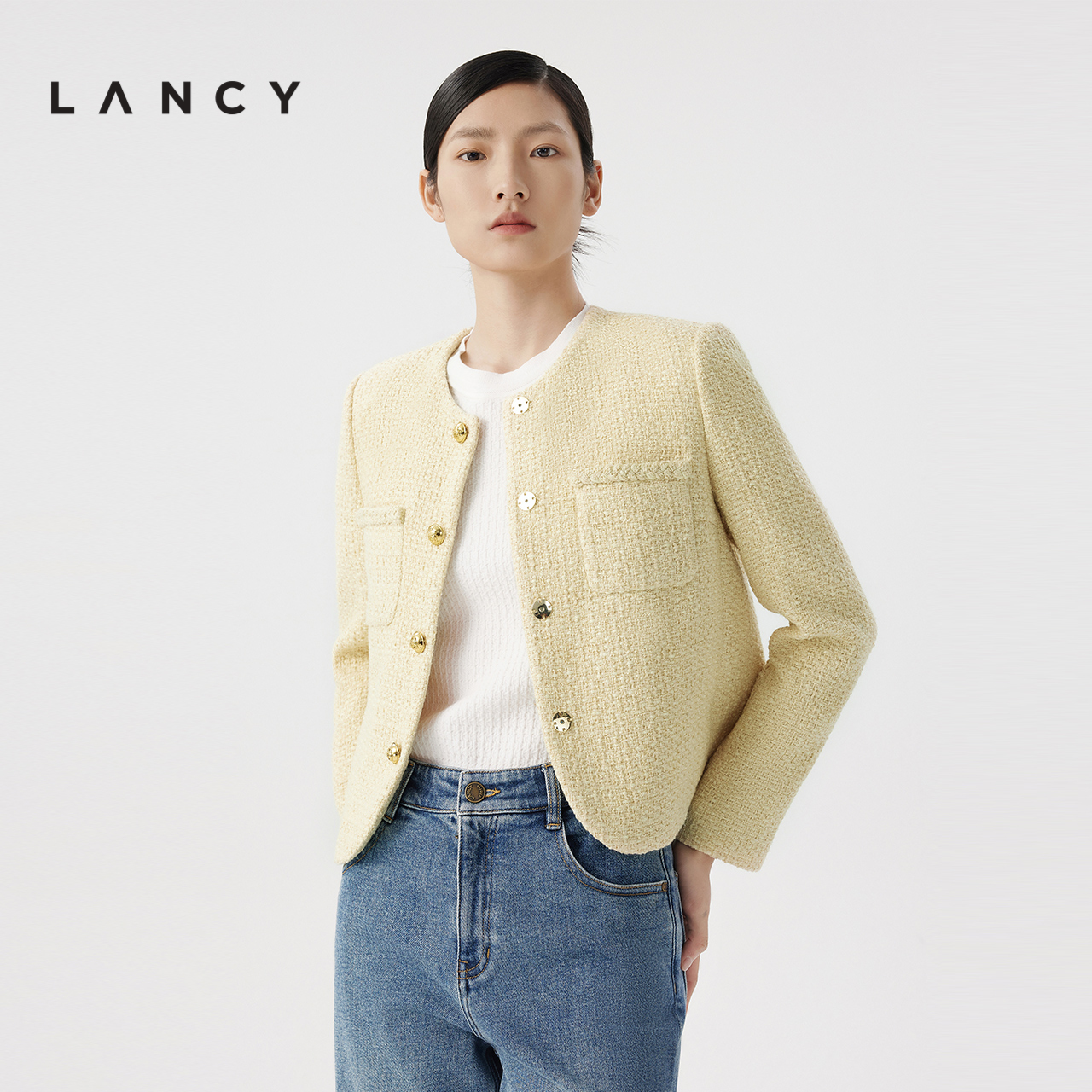 LANCY/朗姿2024春季新款时尚简约粗花呢小香风外套女法式气质上衣