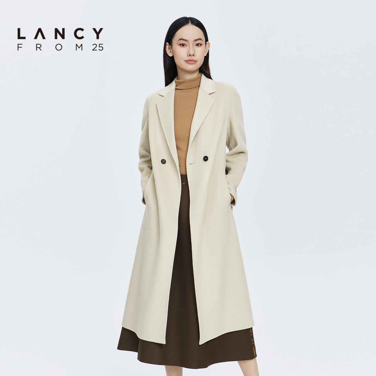 LANCY/悦朗姿2022冬季新款中长款羊毛大衣女通勤高级感羊绒外套女