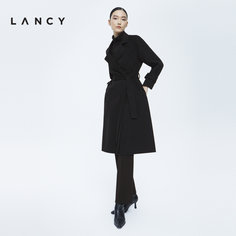 LANCY/朗姿羊毛大衣2022冬季新款中长款黑色职业高级感通勤外套