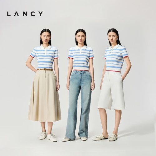 LANCY/朗姿2026夏季新款时尚POLO领撞色条纹短袖短款针织衫女 - 图0