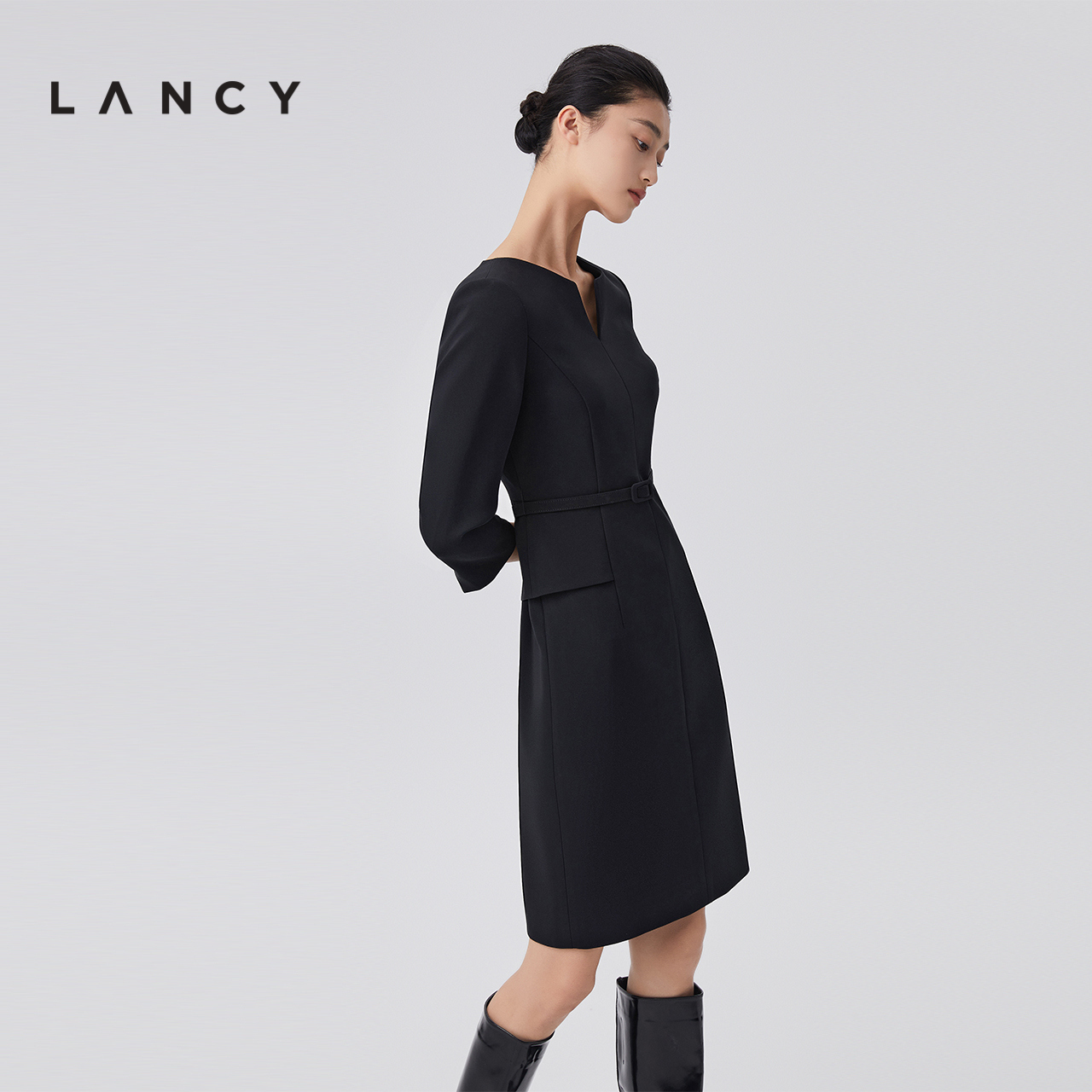 【醋酸】LANCY/朗姿小V领气质连衣裙子女收腰显瘦高级感法式通勤 - 图0