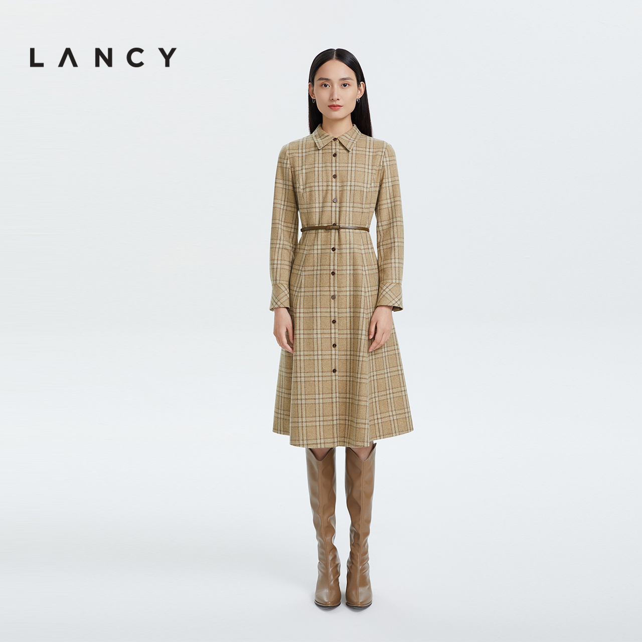 LANCY/朗姿羊毛2022冬季新款格纹衬衫连衣裙子女中长款通勤女裙子