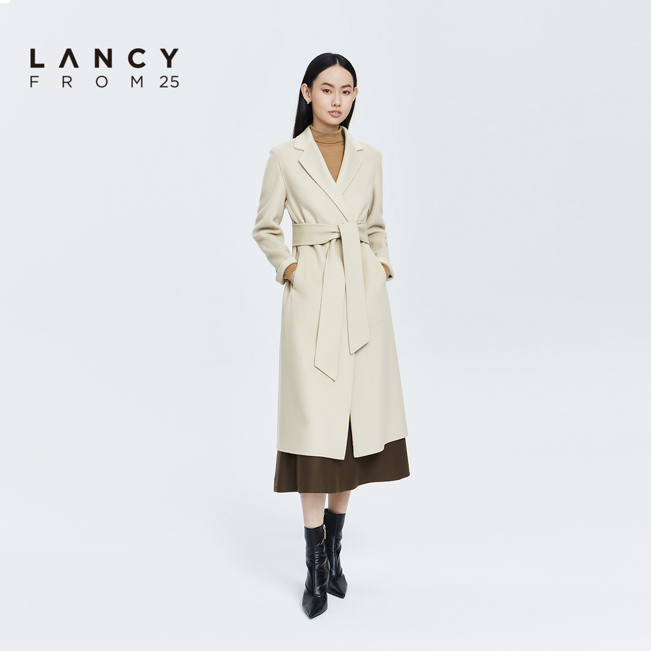 LANCY/悦朗姿2022冬季新款中长款羊毛大衣女通勤高级感羊绒外套女