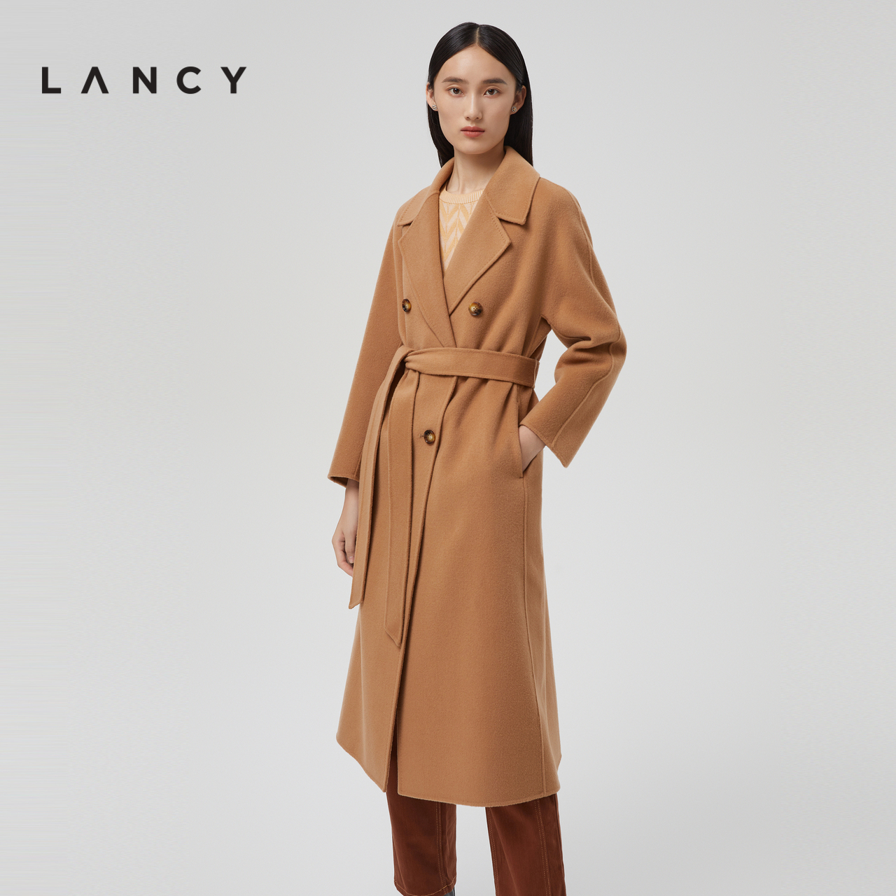 LANCY/朗姿秋冬季新款廓形羊毛大衣中长款通勤宽松休闲毛呢外套女