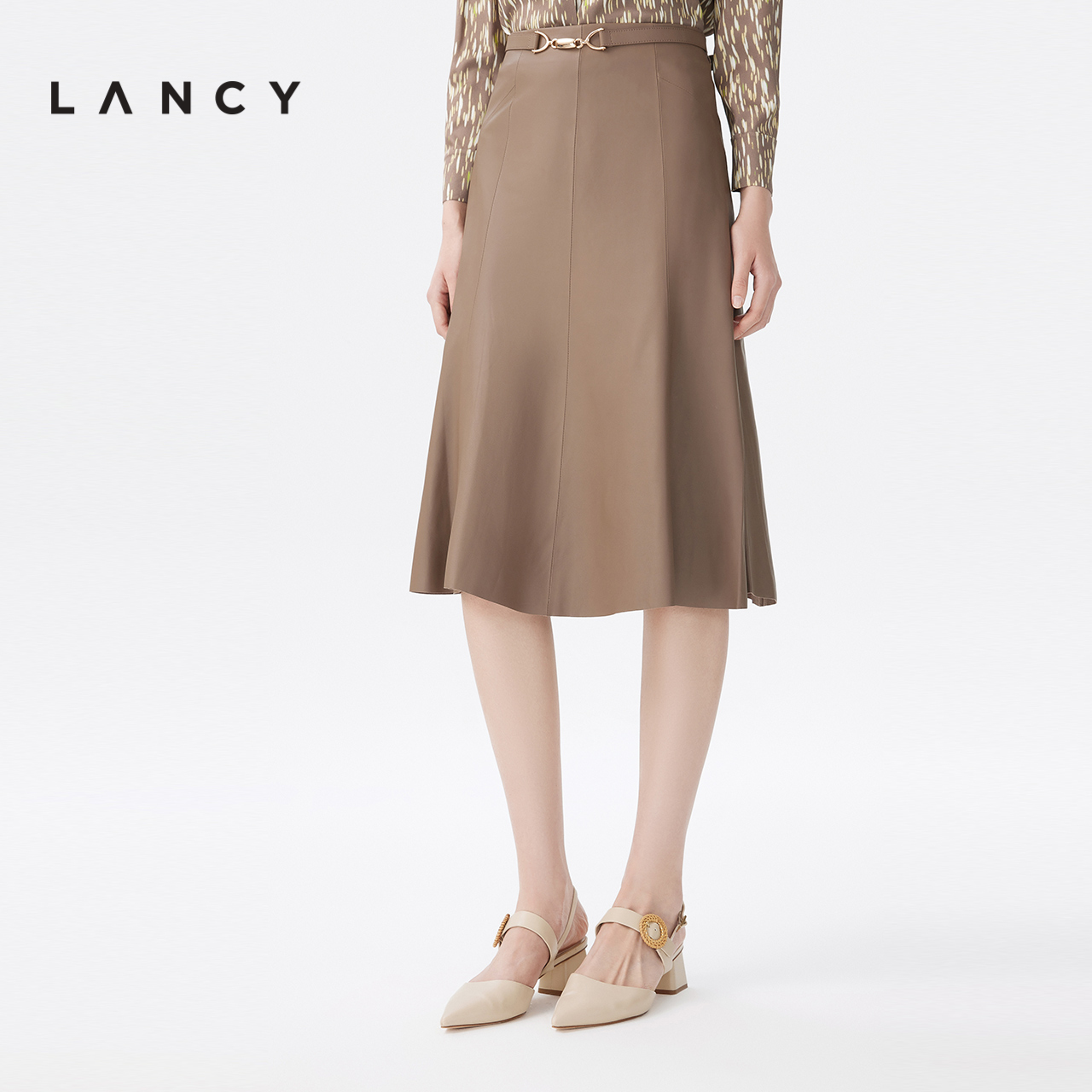 LANCY/朗姿2023春季新款皮裙女小众高级小众设计感女OL职业半身裙