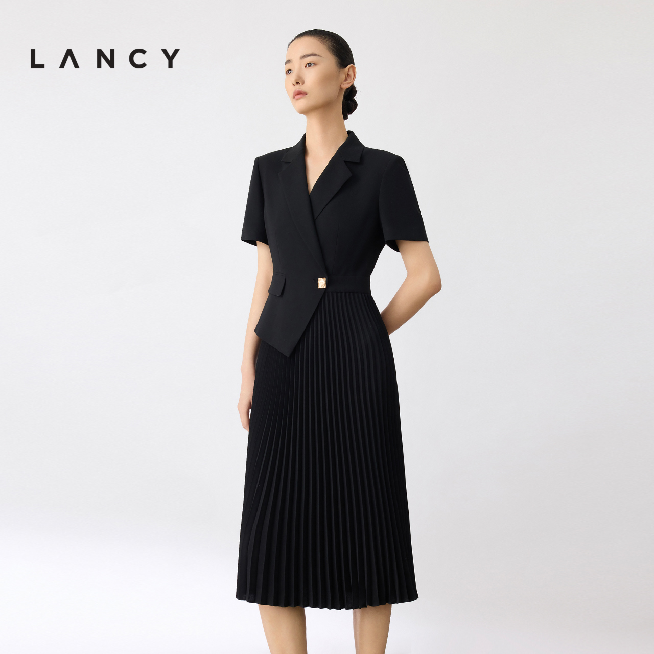 LANCY/朗姿2024夏季新款黑色拼接西装连衣裙女收腰显瘦假两件裙子