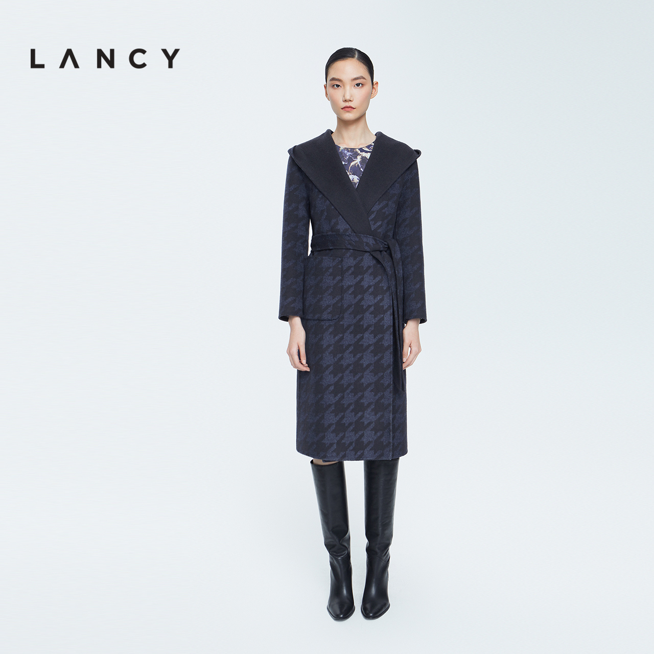 LANCY/朗姿羊绒大衣2022冬季新款连帽女千鸟格收腰羊毛外套女显瘦