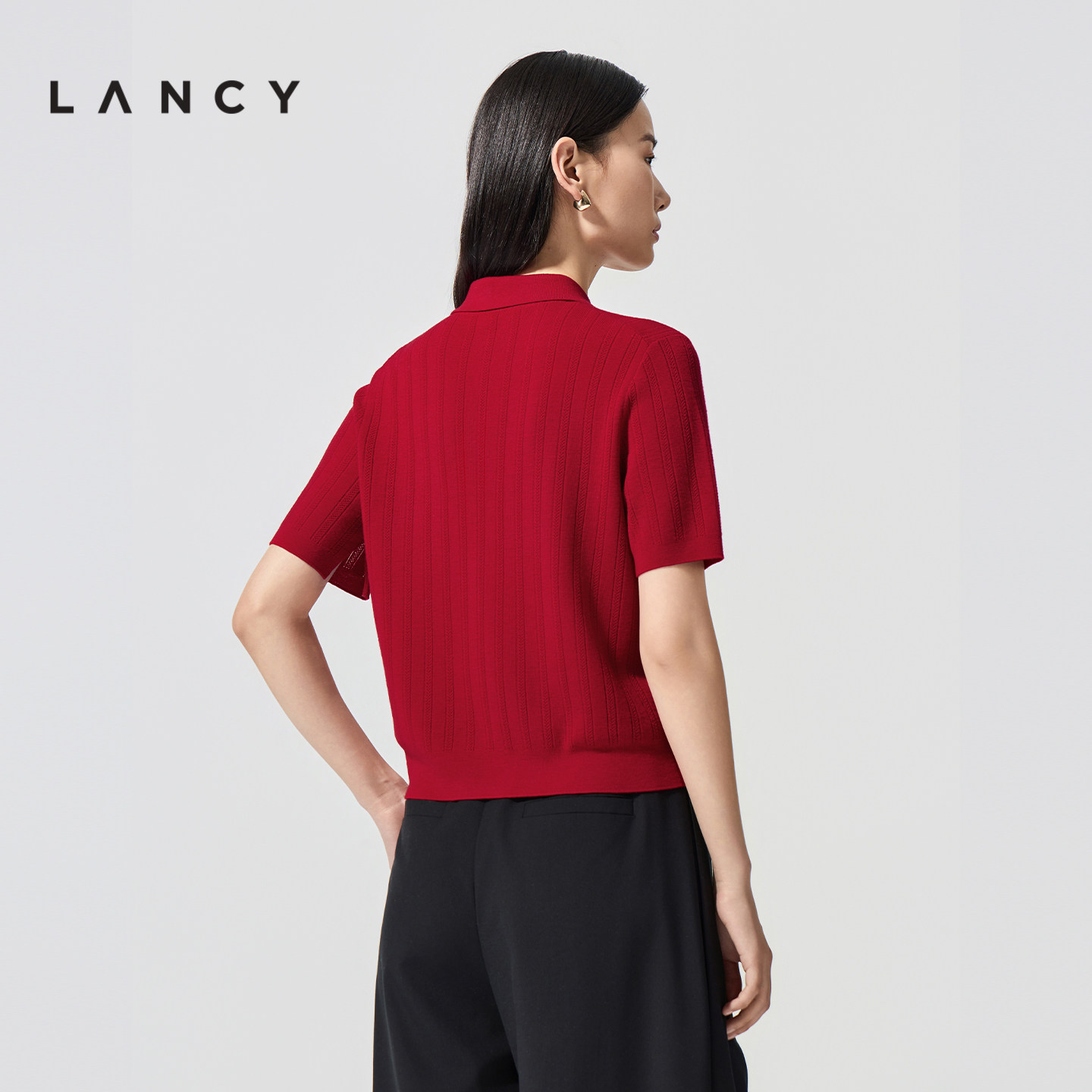 【纯羊毛】LANCY/朗姿2026春新款气质复古POLO领竖条纹短袖针织衫,淘宝优惠券,粉丝福利购,淘宝优惠卷