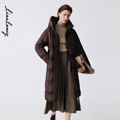 【匈牙利白鹅绒】LANCY/朗姿2025冬新款简约百搭连帽中长羽绒服女 - 图1