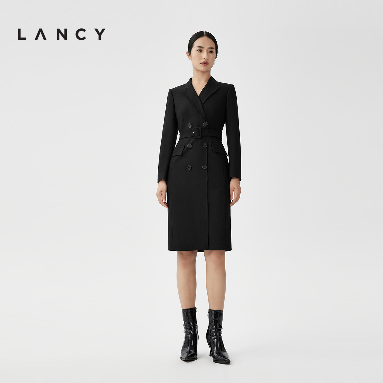 LANCY/朗姿2023秋冬季新款黑色西装连衣裙收腰显瘦长袖羊毛裙子女