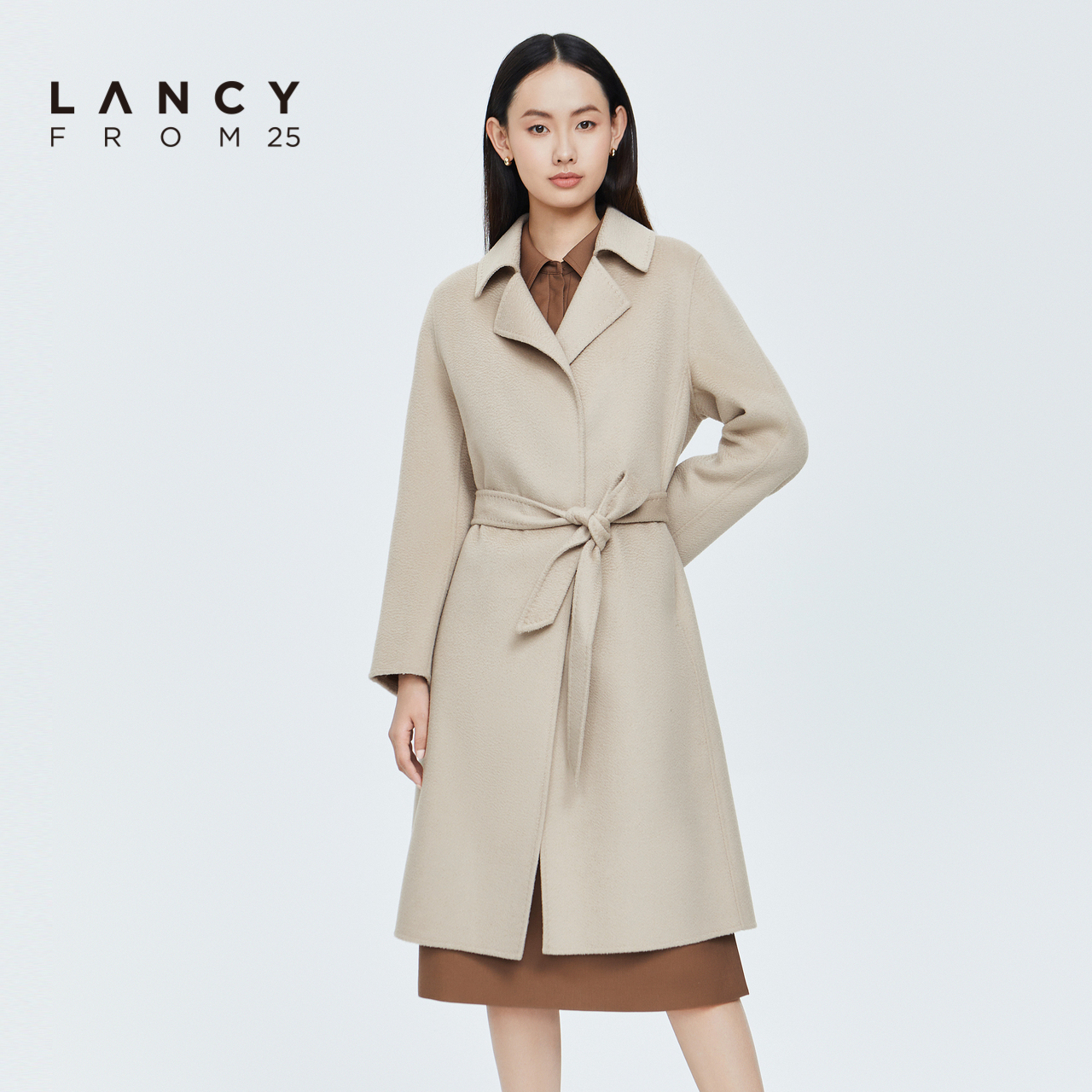 LANCY/朗姿冬季新款羊毛大衣中长款收腰毛呢外套女士简约气质高端