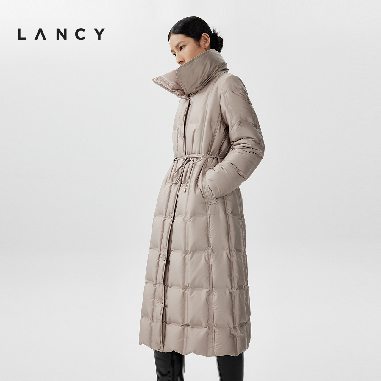 LANCY/朗姿2023冬季新款立领收腰气质白鹅绒羽绒服女高级感中长款-图1