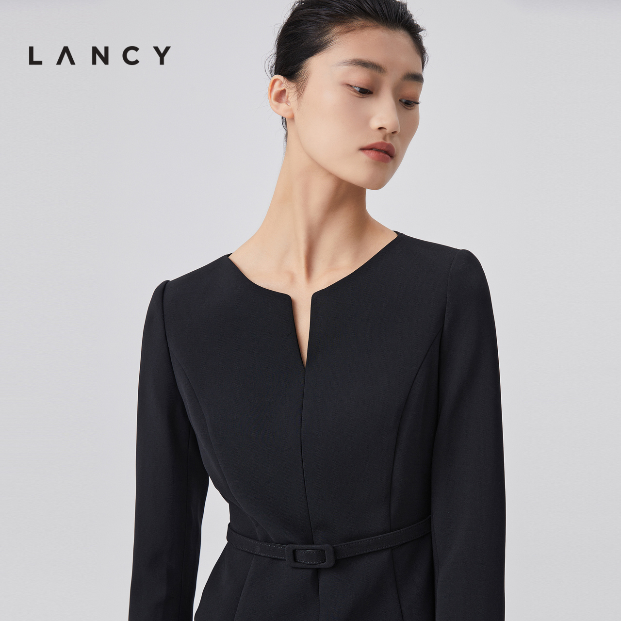 【醋酸】LANCY/朗姿小V领气质连衣裙子女收腰显瘦高级感法式通勤 - 图2