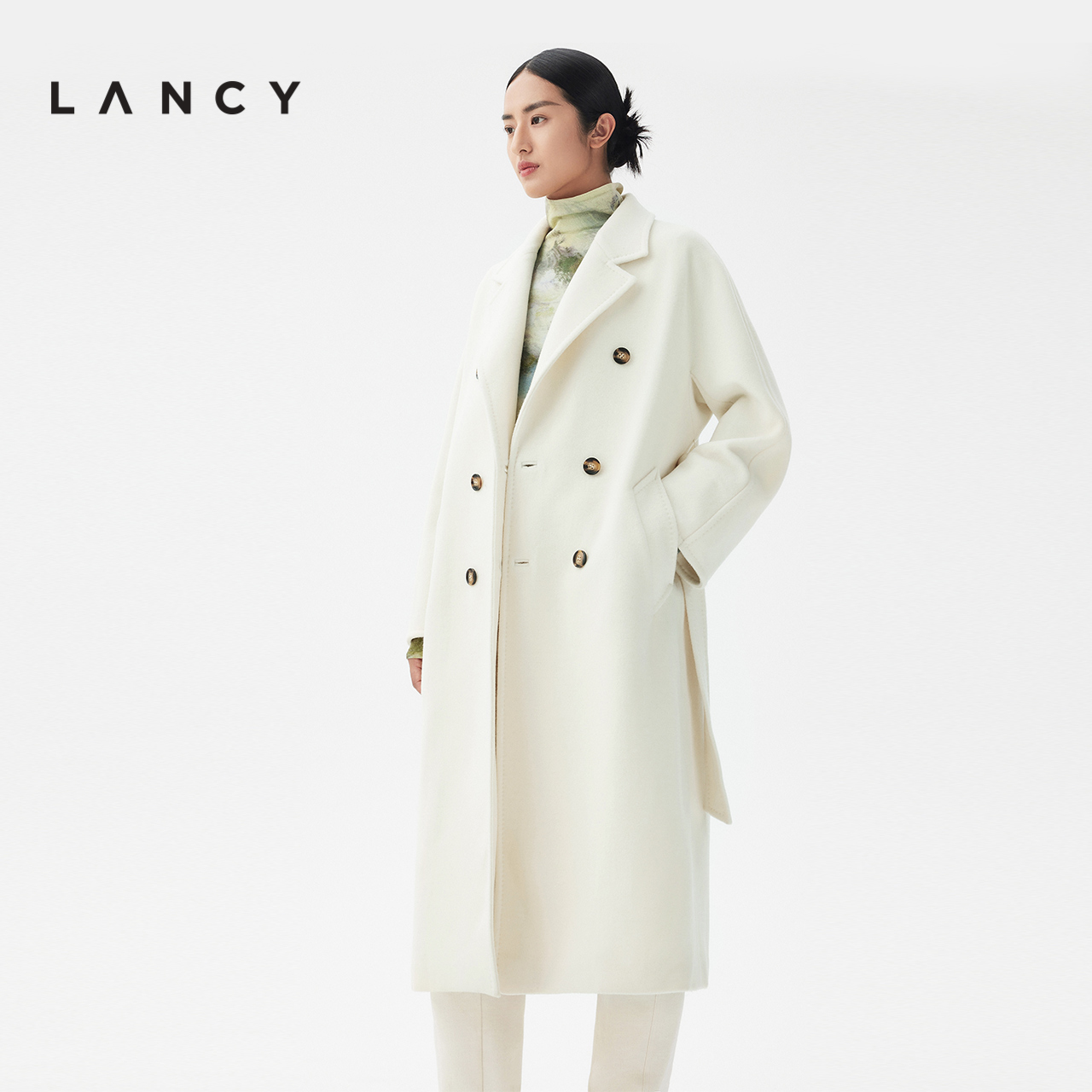 LANCY/朗姿2023秋冬新款修身收腰纯羊毛大衣女中长款气质毛呢外套