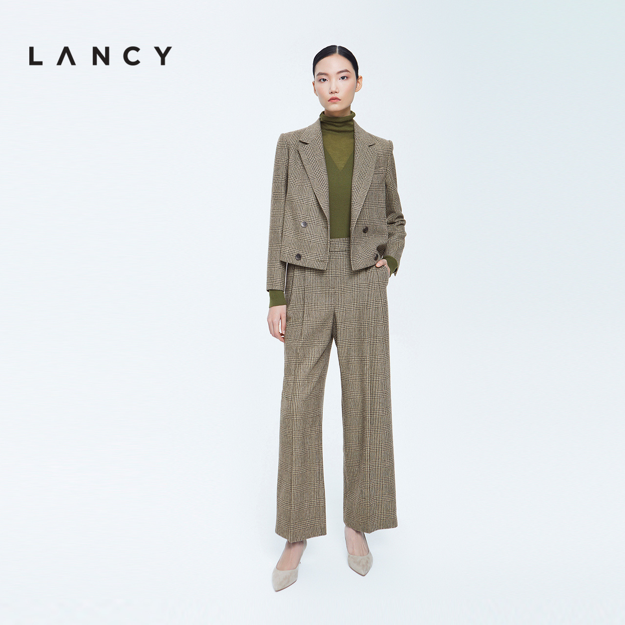 LANCY/朗姿秋冬短款羊毛西装外套女修身英伦风高级感通勤格子西服