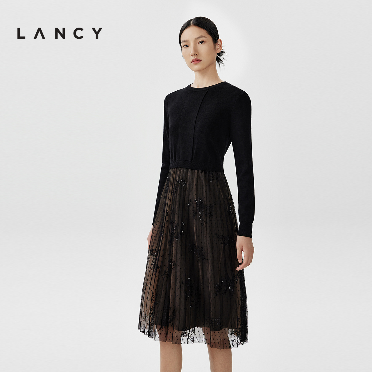 LANCY/朗姿针织网纱拼接连衣裙秋冬新款长袖法式高级感显瘦裙子女