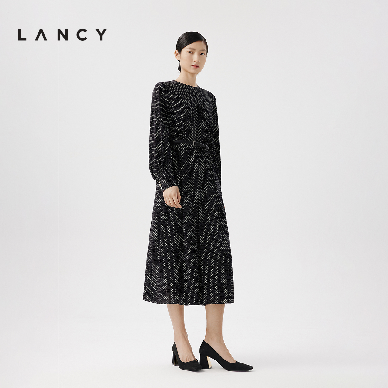 LANCY/朗姿2024春季新款真丝波点连衣裙女法式长袖圆领优雅裙子-图0