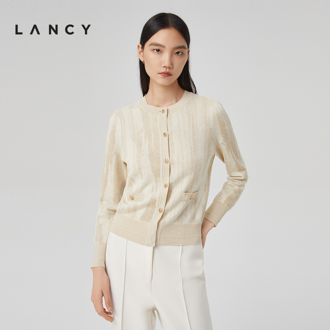 LANCY/朗姿2023春季新款开衫针织外套女时髦时尚洋气女高级感毛衣