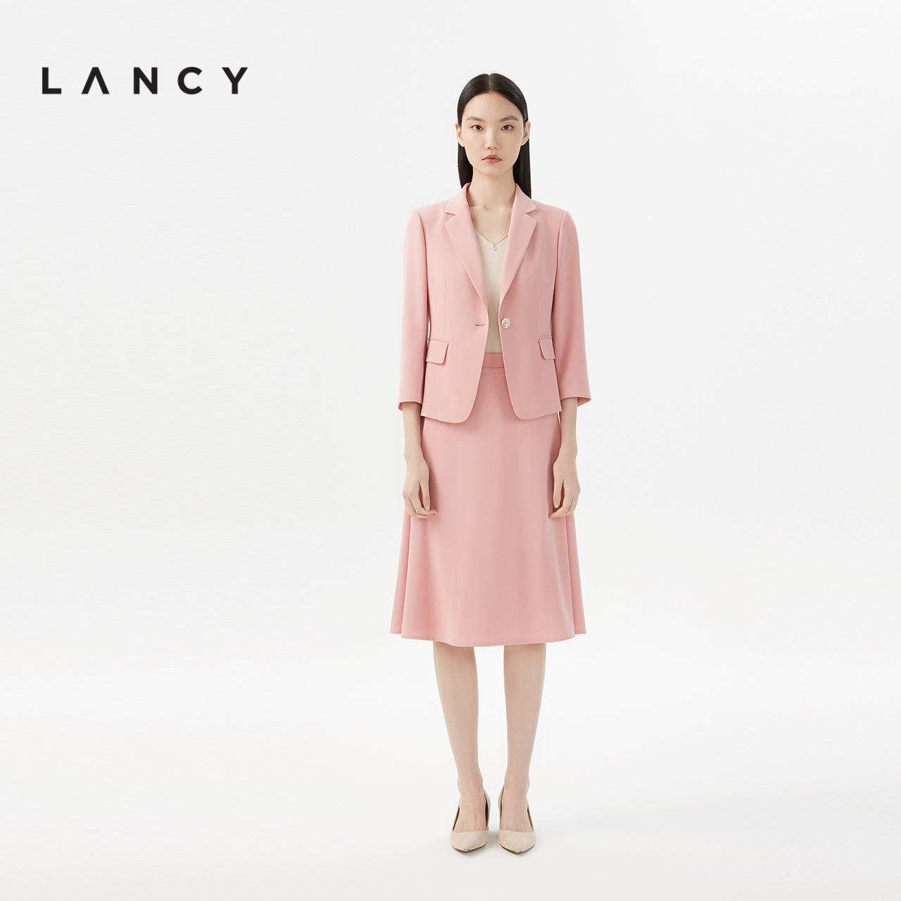 LANCY/朗姿女装2023夏季新款粉色西装外套女收腰显瘦职业西服套装