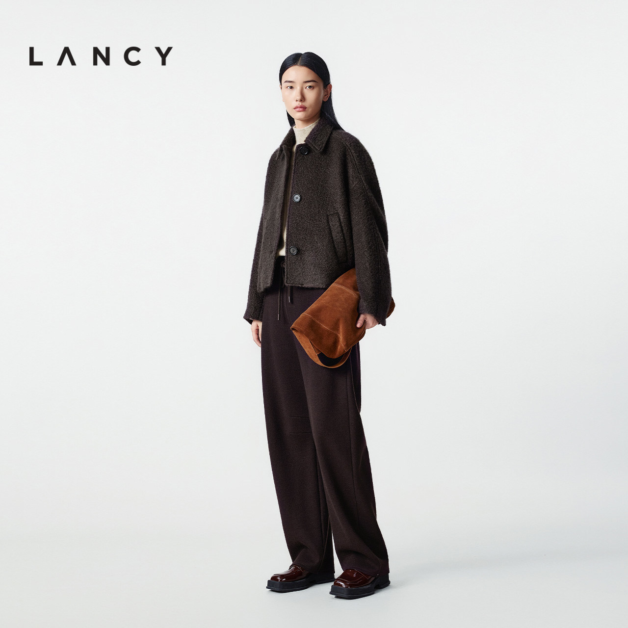 LANCY/朗姿2025冬新款复古简约羊毛马海毛短款大衣女翻领毛呢外套,淘宝优惠券,粉丝福利购,淘宝优惠卷