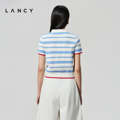 LANCY/朗姿2026夏季新款时尚POLO领撞色条纹短袖短款针织衫女 - 图2
