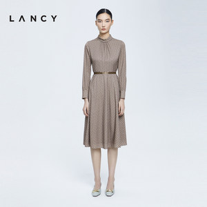 LANCY/朗姿真丝连衣裙2022冬季新款高级感女收腰裙子显瘦通勤裙子