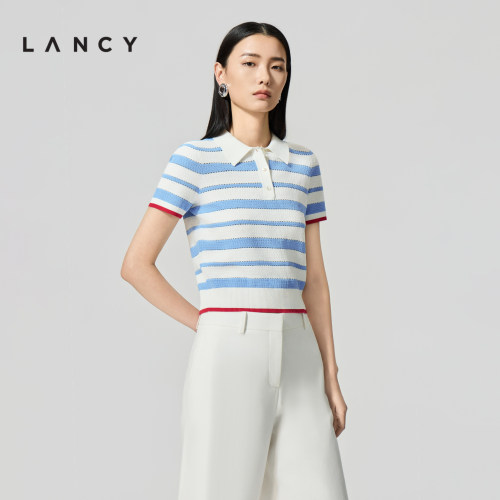 LANCY/朗姿2026夏季新款时尚POLO领撞色条纹短袖短款针织衫女 - 图1