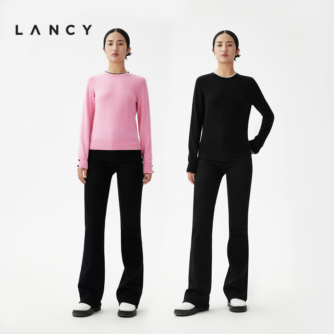 LANCY/朗姿2023秋冬季新款高端套头衫撞色显瘦高端长袖女山羊绒衫 - 图0