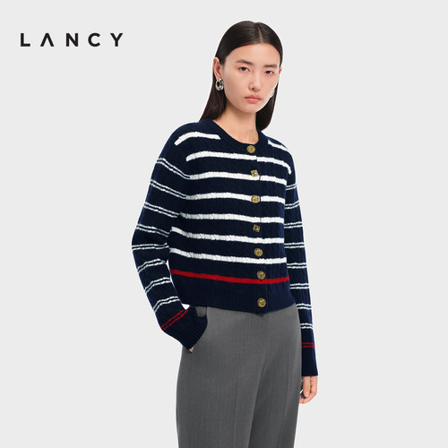 【马踏春风】LANCY/朗姿2026春季新款纯羊毛复古条纹短针织开衫女 - 图1