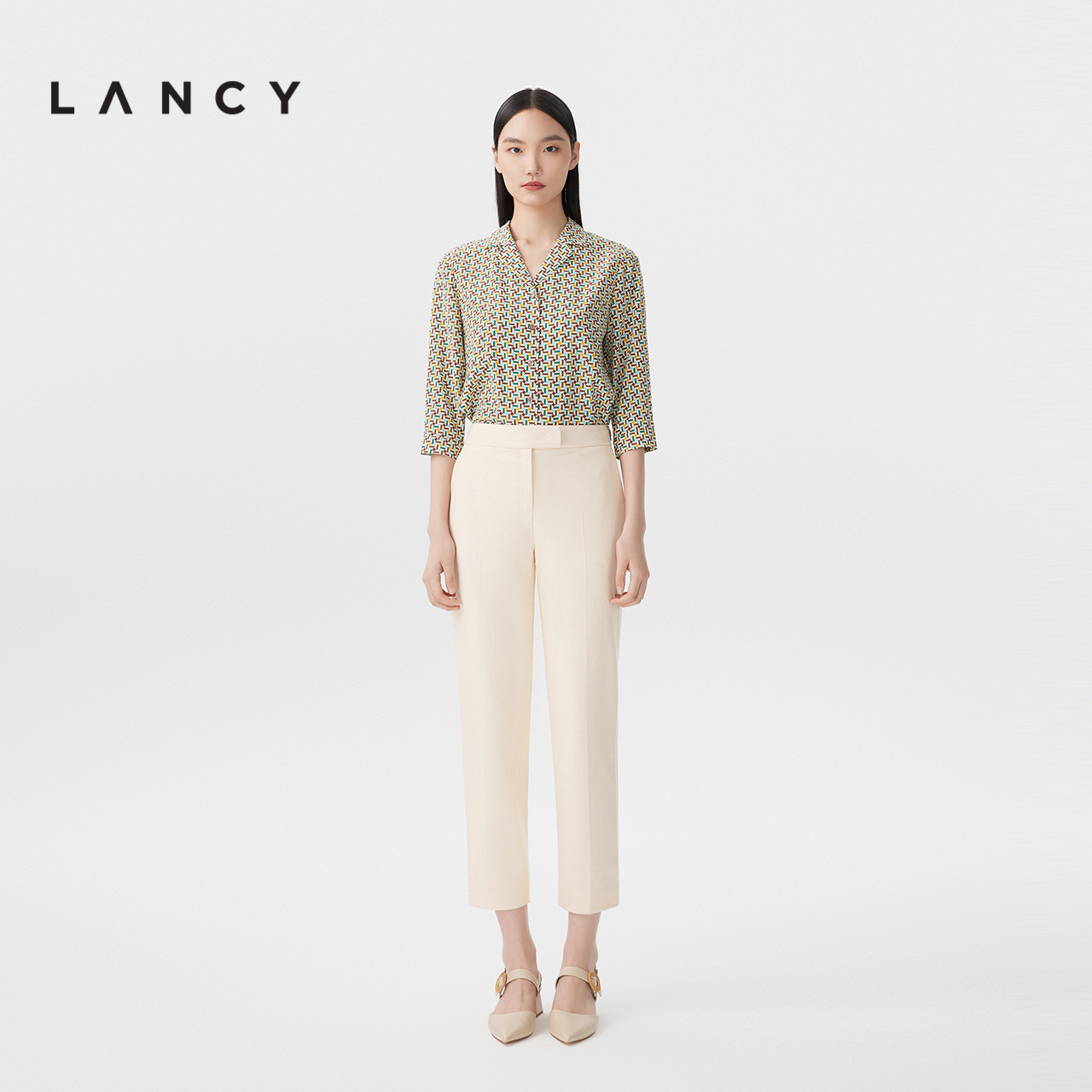 LANCY/朗姿2023春季新款西装裤子女高腰气质小脚OL裤子职业套装