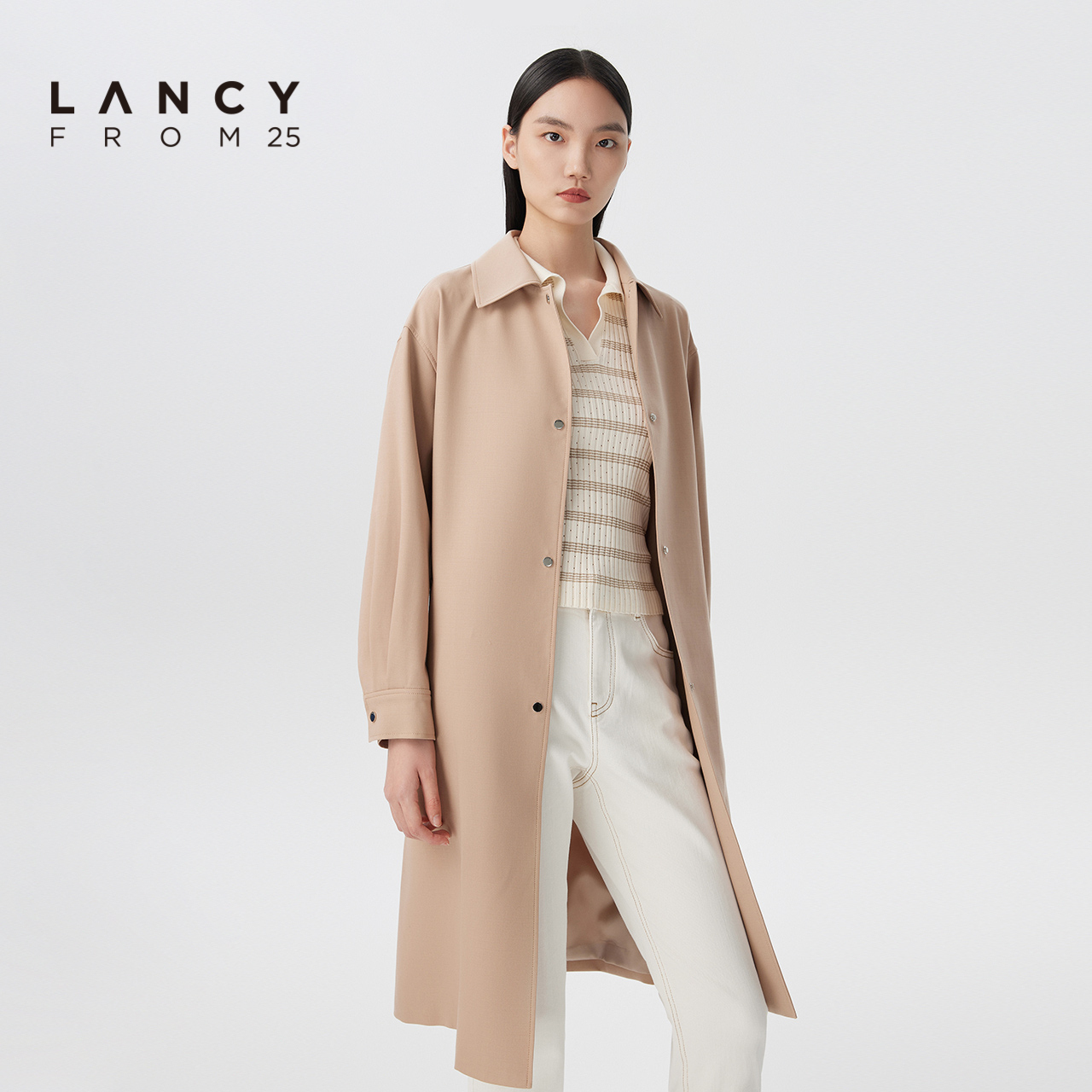 LANCY/悦朗姿2023春季新款风衣外套女衬衫领收腰羊毛显瘦薄款大衣