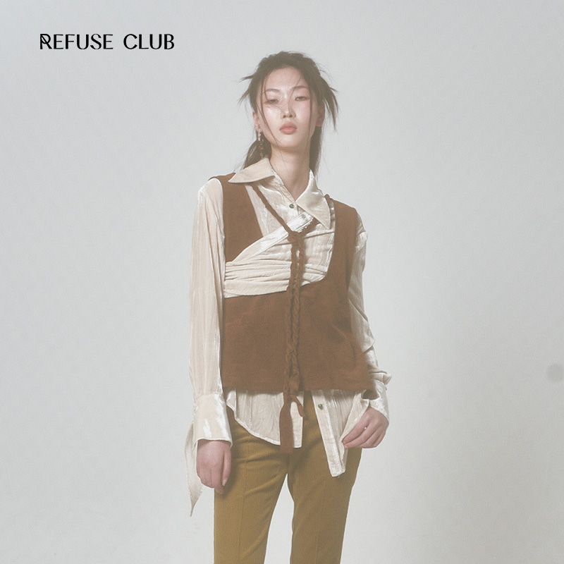 【设计师品牌】REFUSE CLUB 女装新款丝绒系带收腰丝绒衬衫 - 图1