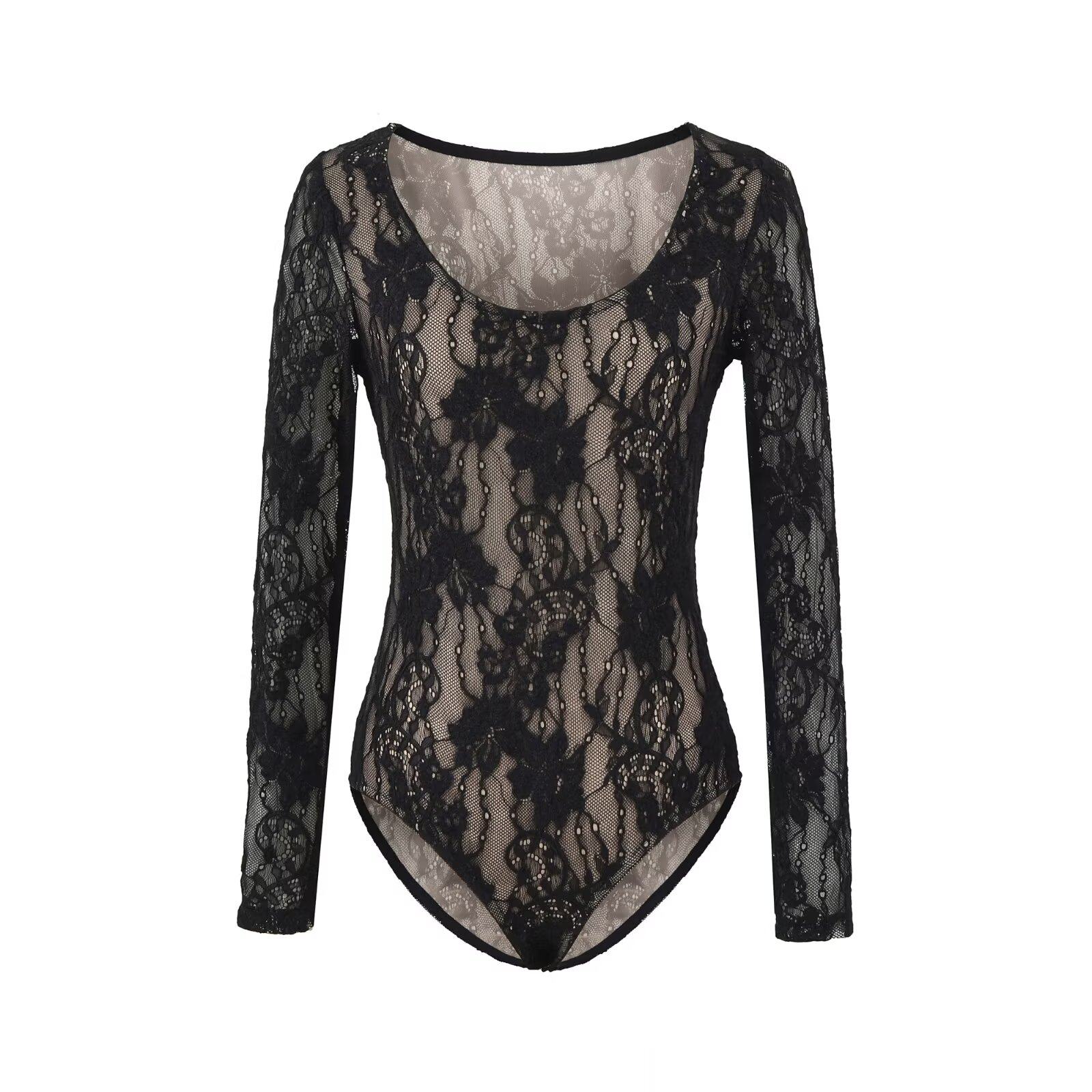 设计感浮雕钩花蕾丝低圆领长袖连体衣女纯欲风修身显瘦内搭打底衫,淘宝优惠券,粉丝福利购,淘宝优惠卷