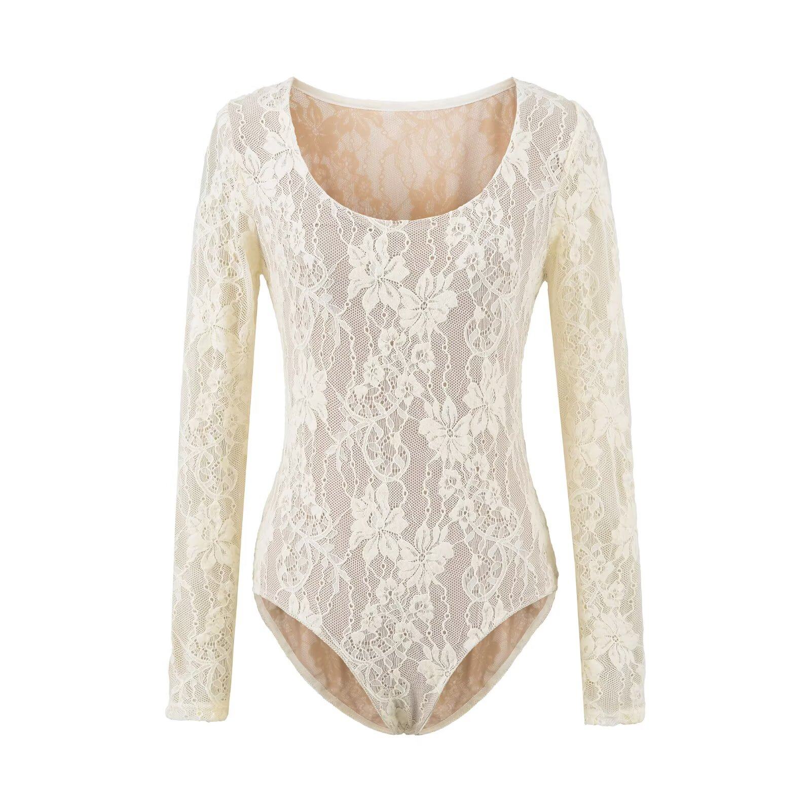 设计感浮雕钩花蕾丝低圆领长袖连体衣女纯欲风修身显瘦内搭打底衫,淘宝优惠券,粉丝福利购,淘宝优惠卷