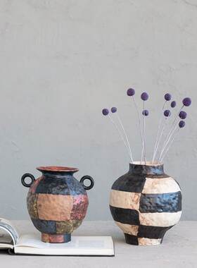 FQRLIVING丹麦Bloomingville手工制作陶器绘画纹理渐变反应釉花瓶