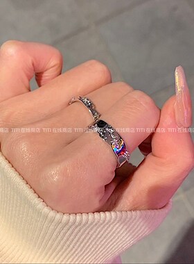 现货银色素圈锆石开口戒指套装女冷淡风气质情侣指环时尚个性食指