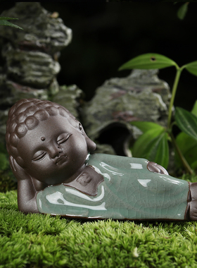 速发创意家居摆件复古小和尚陶瓷茶窑人哥宠花宠流水器装饰品车载