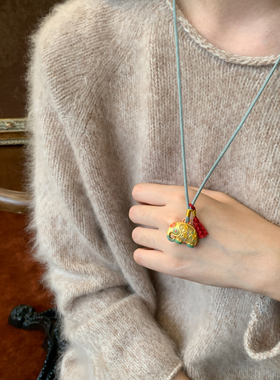 燕归唐彩象足银编绳长款项链女