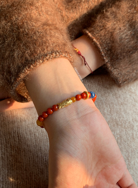 燕归红鲤戏国风蜜蜡南红纯银手链