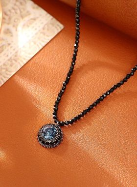 爆款潮酷墨蓝色锆石吊坠项链轻奢