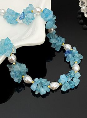 不规则蓝色碎石串珠项链女小众