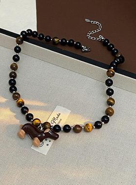 卡通腊肠狗吊坠虎眼石串珠项链