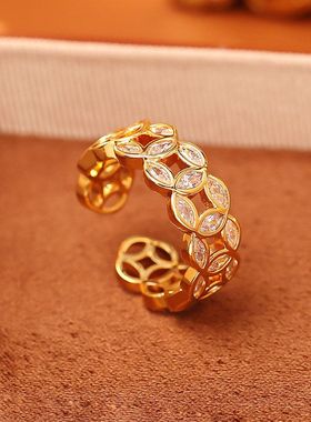 新国潮钱多多锆石铜钱戒指高级