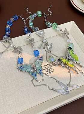 绿色冰晶蝴蝶项链女新款春夏清冷