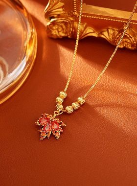 爆款红色枫叶锆石项链高级感时尚