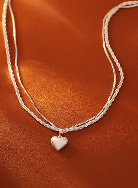 银色拉丝爱心吊坠双层项链优雅